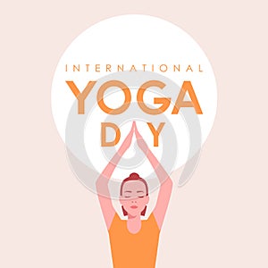 21 June International Yoga Day banner or poster with women doing yoga poses. Flat cartoon in yoga or asana poses.