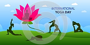 21 june, International Yoga Day Illustration with Woman Yoga Silhouette body postures. Fitness girl doing yoga for fitness and wel