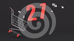 21 percent discount flying out of a shopping cart on a black background. Concept of discounts, black friday, online sales. 3d