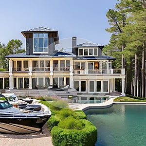 210 A luxurious lakeside mansion with expansive windows, a private boat dock, and opulent interiors showcasing exquisite craftsm