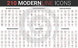 210 modern red black thin line icons set of web development, video games, 3d modeling, network technology, cloud data