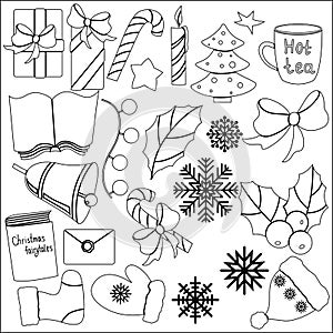 2193 winter, Christmas and New Year elements in black and white, set for greeting card design, isolate on a white background