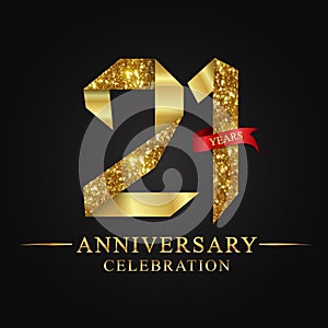 21st anniversary years celebration logotype. Logo ribbon gold number and red ribbon on black background.