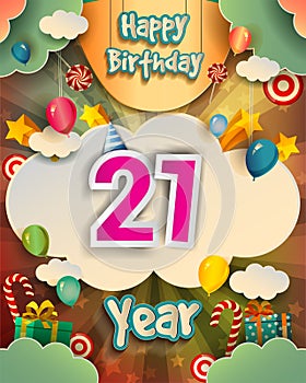 21st Birthday Celebration greeting card Design, with clouds and balloons. Vector elements for anniversary celebration