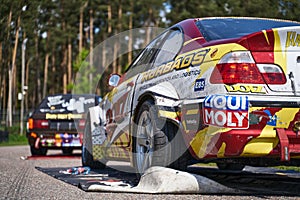 22-1-05-2021 Riga, Latvia. Power drifting car rear view. Yellow drifting car