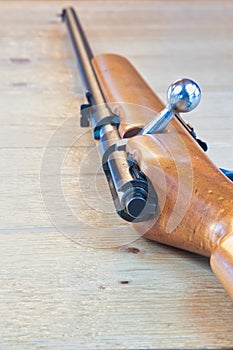 22 Caliber Rifle on Wood Surface