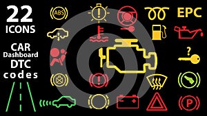 22 icon collection of car dashboard panel indicators, yellow red green indicators. DTC codes. Check engine warning.