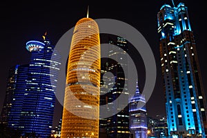 22 September 2019, Doha, Qatar: city doha during night with the colorful skyline with high rise buildings