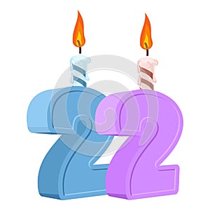 22 years birthday. Number with festive candle for holiday cake.