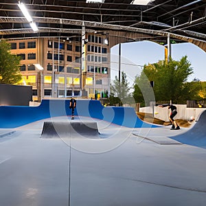 221 A contemporary urban skate park with sleek ramps, vibrant street art, and a vibrant atmosphere, attracting skateboarders and