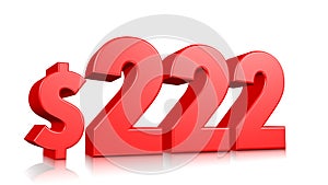 222$ Two hundred and twenty two price symbol. red text number 3d render with dollar sign on white background