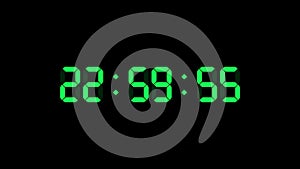 23 hour o`clock digital clock. Seconds count to twenty three. Numerical electronic green display screen