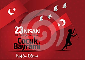 23 Nisan Ulusal Egemenlik ve Cocuk Bayrami. National Sovereignty and Childrenâ€™s Day. Turkey isolated boy running with flag.