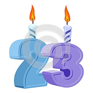 23 years birthday. Number with festive candle for holiday cake.