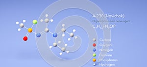 a-230 molecule, molecular structures, novichok a-230, 3d model, Structural Chemical Formula and Atoms with Color Coding