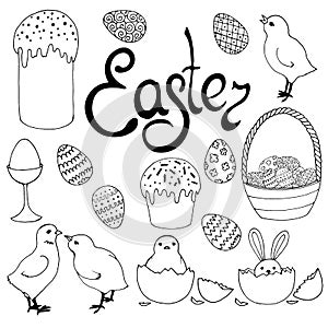 2324 Easter, set of drawings in black and white, for Easter, Easter eggs, chickens, holiday bread, isolate