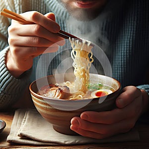 236 138. Close-up of a person slurping a bowl of hot ramen nodl
