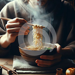 238 138. Close-up of a person slurping a bowl of hot ramen nodl