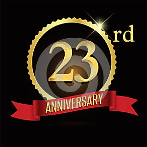 23rd golden anniversary logo with shiny ring red ribbon