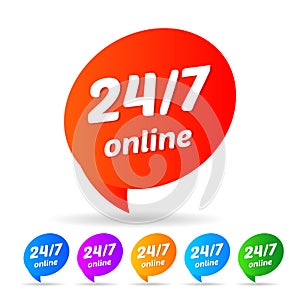 24 7, 24 hour 7 day Online available support emergency services icon, badge, label or sticker for customer service