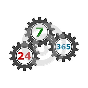 24/7/365 gears, Support icon, Open 24/7 - 365, 24/7 365, 24/7 365 sign