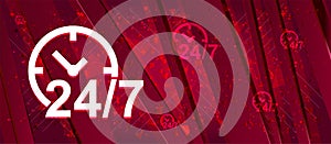 24/7 clock icon Abstract design bright red banner background