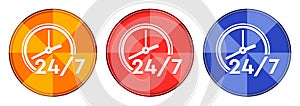 24/7 clock icon burst light round button set illustration