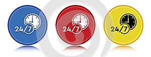 24/7 clock icon flat round button set illustration