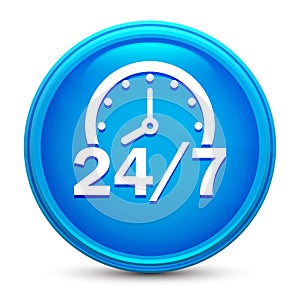 24/7 clock icon glass shiny blue round button isolated design vector illustration