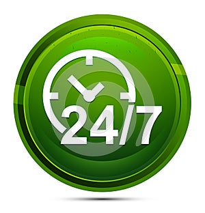 24/7 clock icon glassy green round button illustration