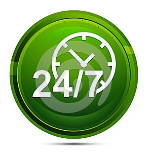 24/7 clock icon glassy green round button illustration