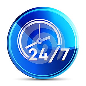 24/7 clock icon glassy vibrant sky blue round button illustration