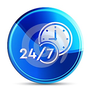 24/7 clock icon glassy vibrant sky blue round button illustration