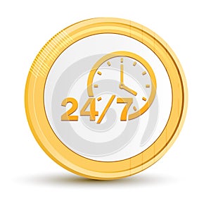 24/7 clock icon gold round button golden coin shiny frame luxury concept abstract illustration isolated on white background