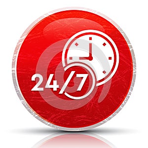 24/7 clock icon metallic grunge abstract red round button illustration