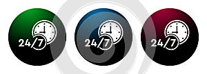 24/7 clock icon night surface round button set illustration