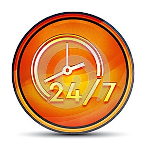 24/7 clock icon shiny bright orange round button illustration