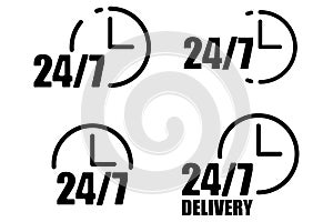 24 7 delivery icon. Four badges. Service concept. Clock symbol. Arrow element. Vector illustration. Stock image.