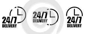 24 7 delivery icon. Three signs. Clock symbol. Arrow element. Service concept. Vector illustration. Stock image.