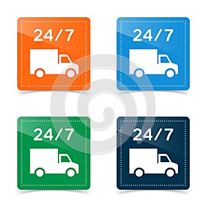 24/7 delivery truck vector icons set