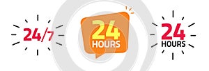 24 by 7 hour open work time service icon vector or 24h hrs a day clock logo as emergency or delivery support assistance pictogram