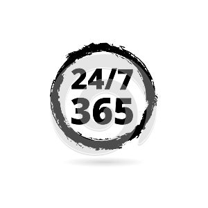 24 7 hours and 365 days icon. Any time working service or support symbol