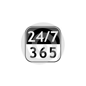24 7 hours and 365 days icon. Any time working service or support symbol isolated on white background