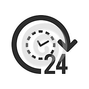 24/7 icon. 24 hours open symbol. Clock with arrow sign.