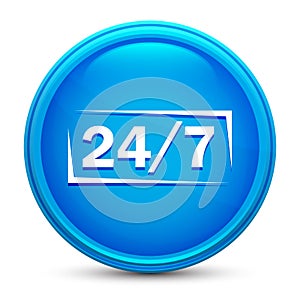 24/7 icon glass shiny blue round button isolated design vector illustration