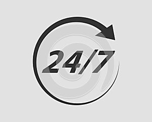 24/7 icon vector. 24 hour service clock