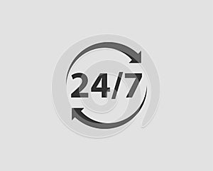 24/7 icon vector. 24 hour service clock