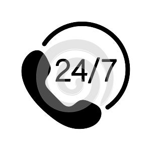 24-7 Phone Support Icon, 24 hours service, handset symbol, black vector sign