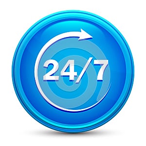 24/7 rotate arrow icon glass shiny blue round button isolated design vector illustration
