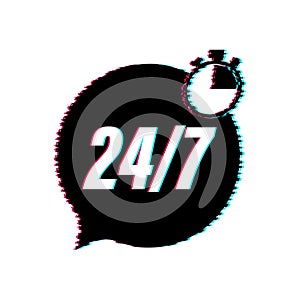 24-7 service concept. 24-7 open. Glitch icon. Support service icon. Vector stock illustration.